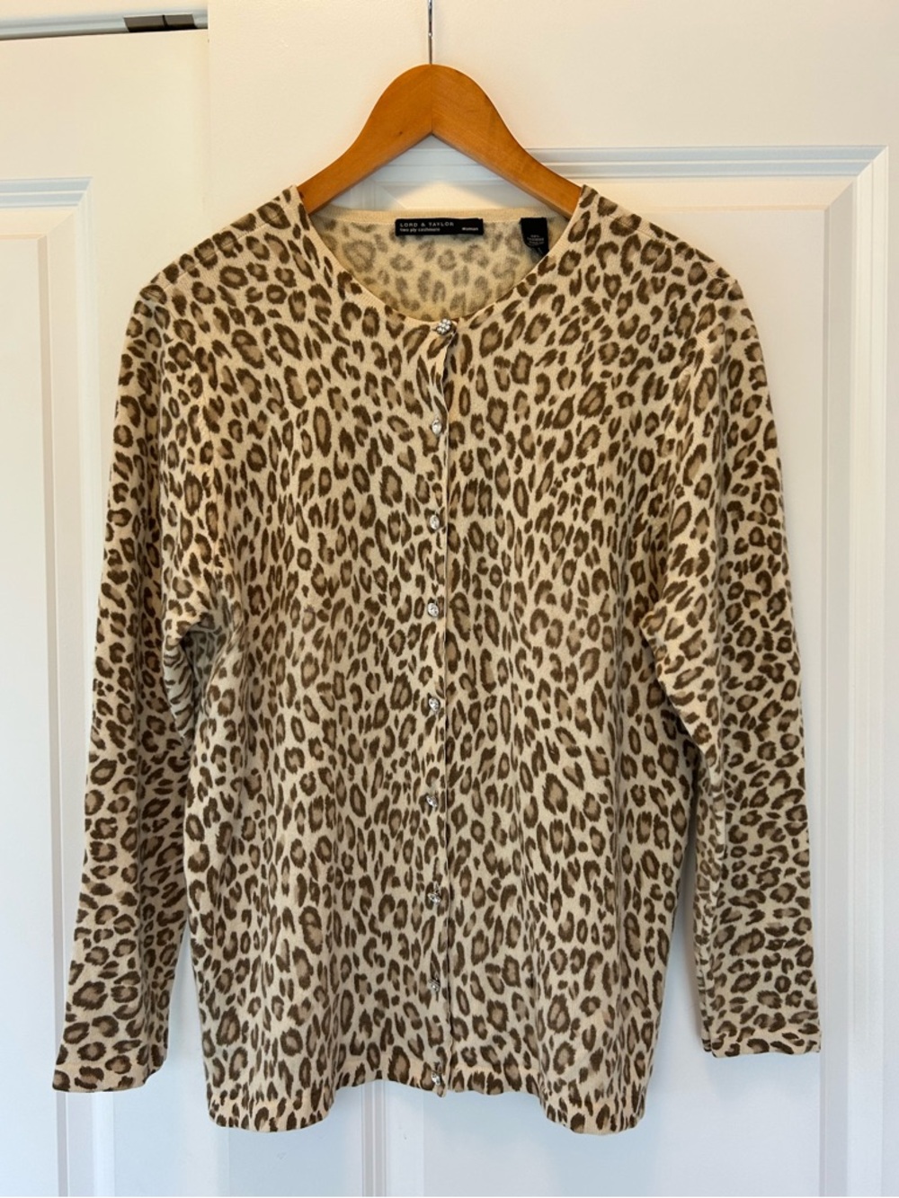 Lord & Taylor Leopard Print Cashmere Cardigan Cream/Brown 
crystal buttons 1X